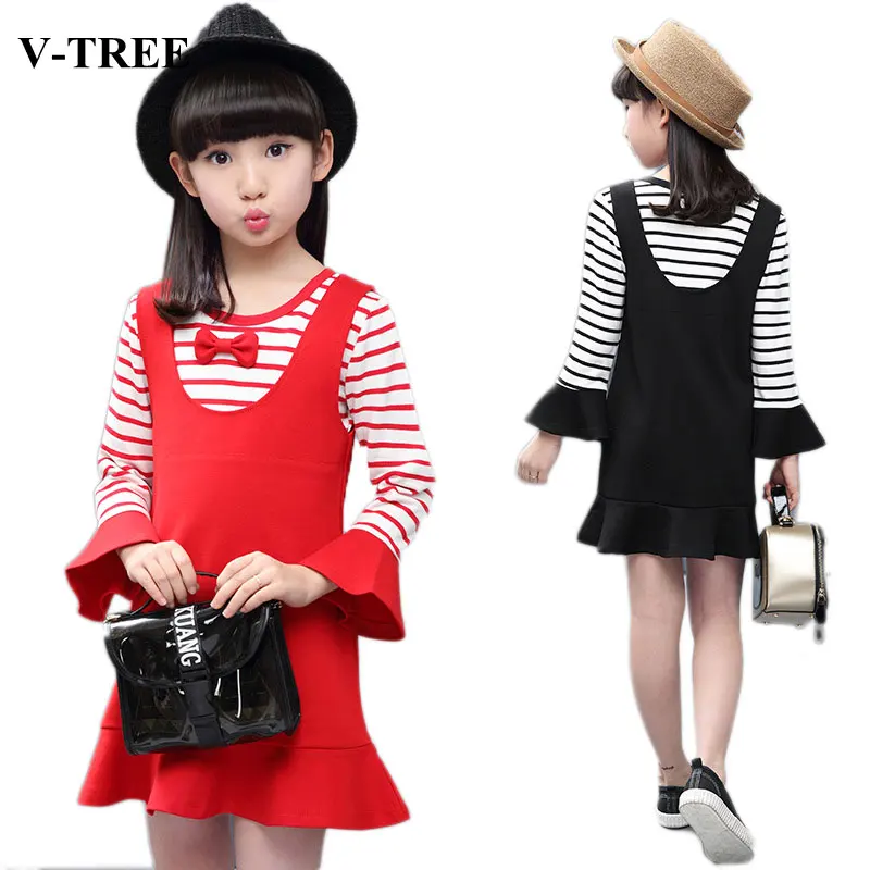 

V-TREE Spring Autumn Striped Girls Dress Cotton Teenagers Dress Princess Dresses For Girls Children Costumes