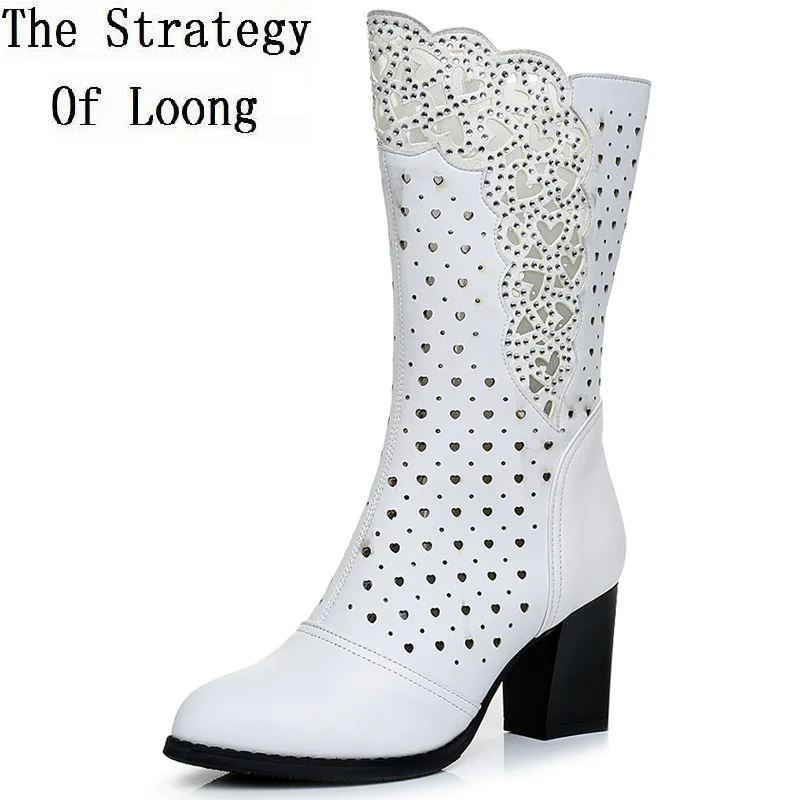 

2018 New Arrival Spring Autumn Fashion Genuine Leather Cut Out Crystal Thick High Heels Half Boots Lady Summer Breathable Boots