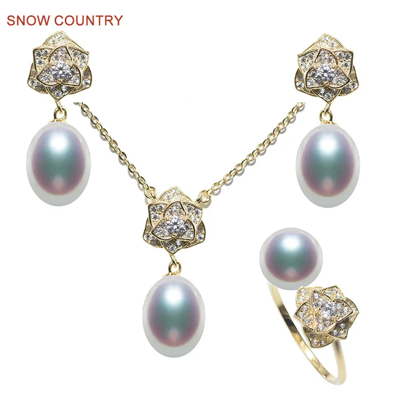 

SNOW COUNTRY Fashion Jewelry Set for Wedding Suit Genuine Pearls Three Pieces Earrings Necklace Pendent and Resizable Ring