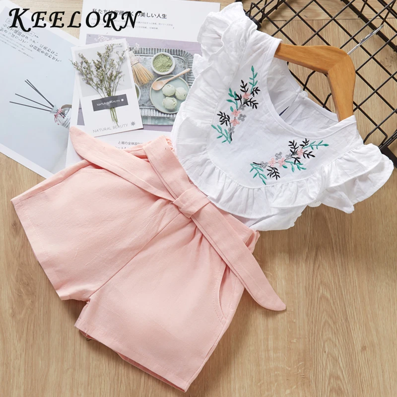 Keelorn/костюмы для девочек коллекция года, детская одежда модные комплекты детской одежды летняя футболка с короткими рукавами+ штаны, платье комплекты одежды из 2 предметов