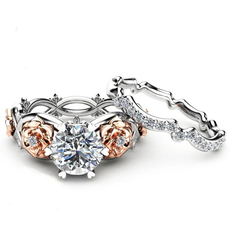 

Mossovy Shiny Silver Flower Zircon Engagement Ring Set for Female Rose Flower Wedding Rings Set For Women Femme Anillos Mujer