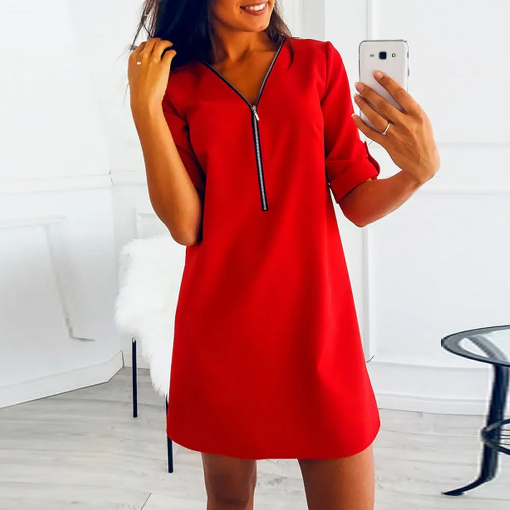 

Spring Winter Women Elegant Office Dress 2019 New Fashion Work Business Sheath Bodycon Zipper Red Blue Dress Vestidos