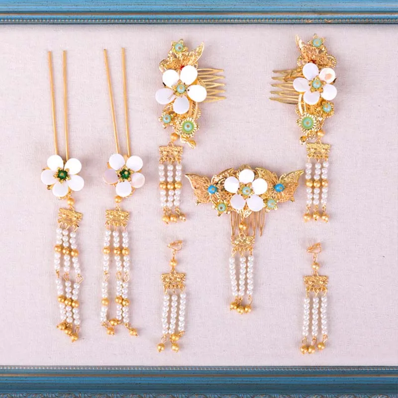 Vintage Chinese Pearl Beads Flower Bridal Jewelry Sets Hairpins