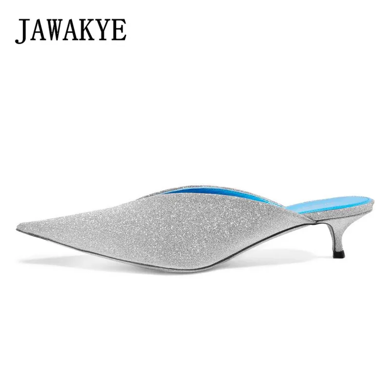 

Graceful blingbling sequins kitten heel slippers women pointed toe shallow mules silver pink ladies elegant outside slippers