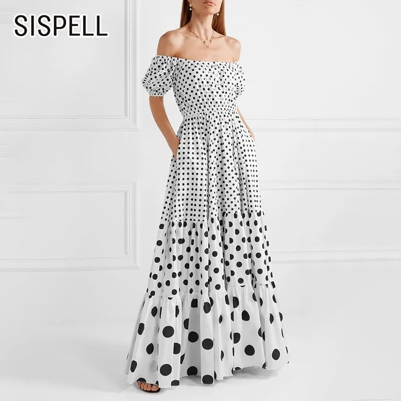 

SISPELL Hit Color Floor-Length Women's Dress Slash Neck Off Shoulder Backless Dot A Line Female Dresses Fashion New 2019 Summer