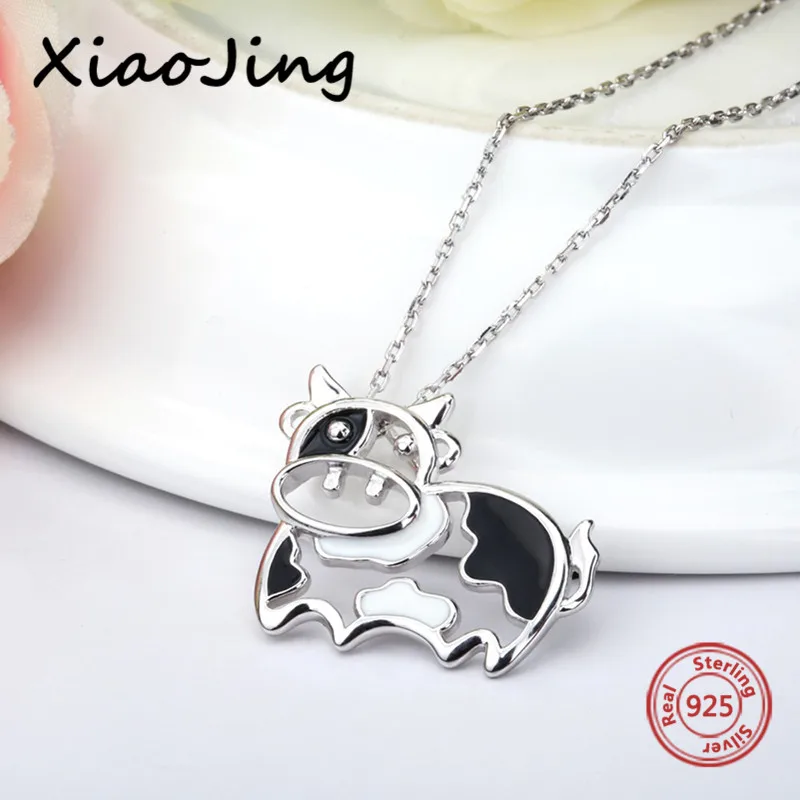 

New arrival 925 sterling silver cute animal Cows pendant chain necklace with black enamel diy fashion jewelry making women gift