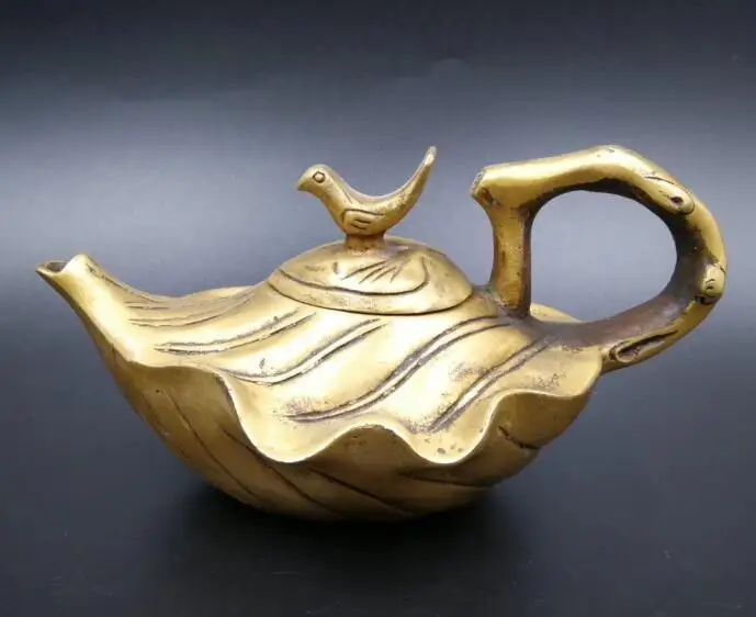 

China Collectible Pure brass Carved Bird Leaf Kettle Teapot craft statue
