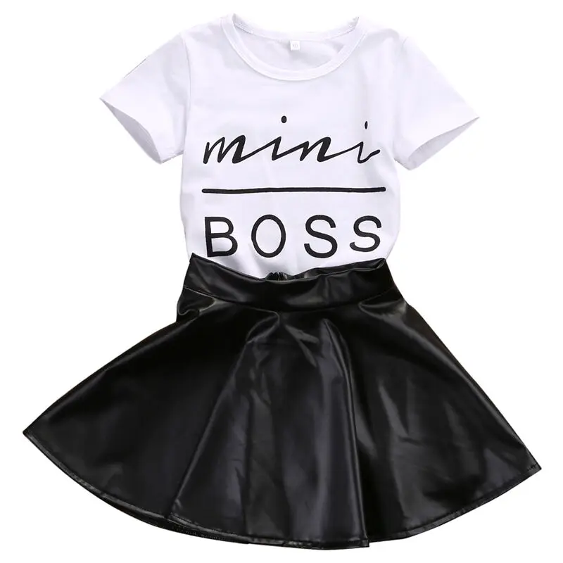 

IMCUTE Toddler Girls 2Pcs Clothes Set Black PU Skirt + White Letter Tshirts