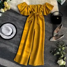 2019 new slash neck solid color flare sleeves with pockets waist slimming temperament wide leg jumpsuit trousers fashion G388