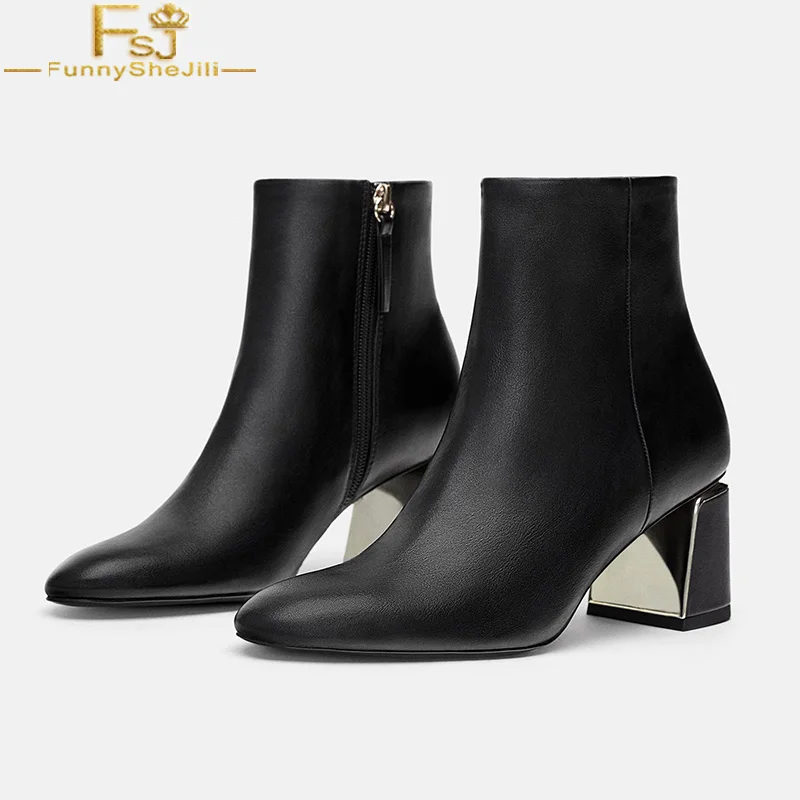 

FSJ Fashion Golden Meta Square Heels Side Zippers Ankle Boots Pointed Toe Shoes Woman Winter 2018 Ladises Booties Plus Size 4-16