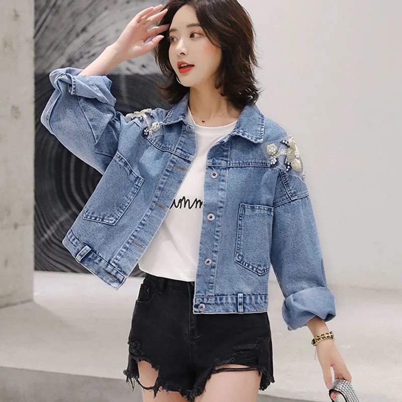 

LISM Single Breasred Fashion Autumn Veste En Jeans Pour Femme Luxury Floral Embroidery S-2XL Plus Size Bomber Denim Jacket Women