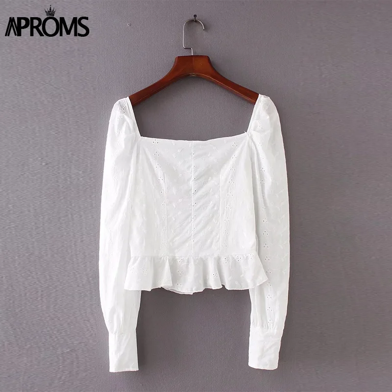 Aproms Sexy Square  Neck Long Sleeve Lace Crochet Blouse Shirt Women Button Down White Crop Tops Summer High Street Blusas 2020