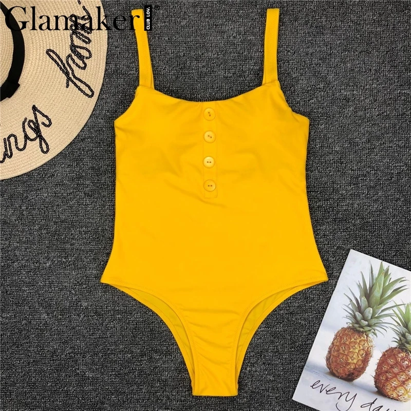 Glamaker Vintage yellow 2019 New Push up swimwear women monokini Buttons swimsuit one piece Backless bathing suit Beach bodysuit