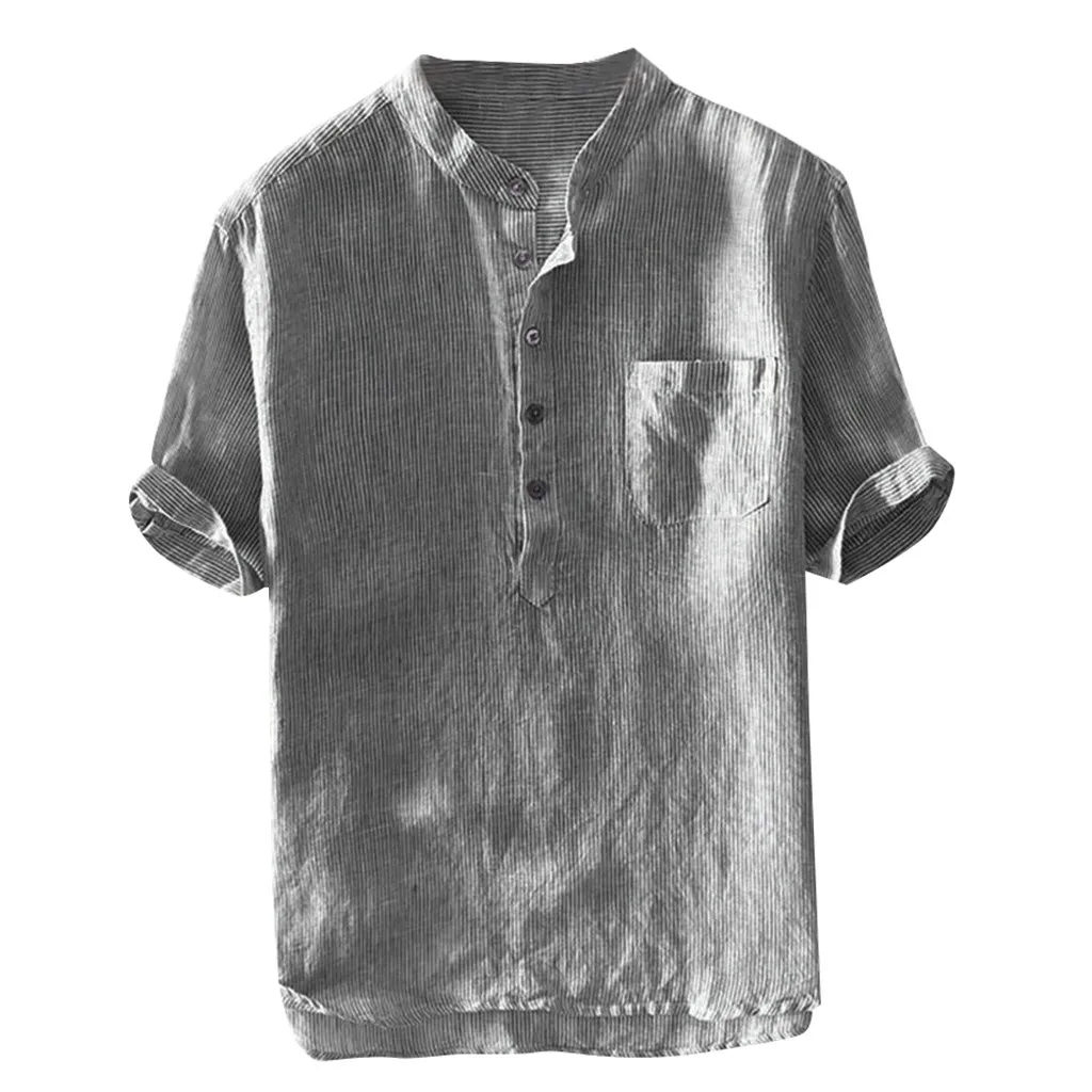 Летние мужские рубашки из чистого хлопка и льна с коротким рукавом, пуловер в полоску, Приталенный топ со стоячим воротником, брендовая одежда CD019518