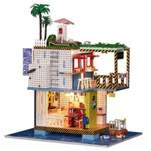 IiE SCHAFFEN Puppenhaus K038 Meer Post Station Miniatur DIY Kit Mit Lichter Und Staub Abdeckung