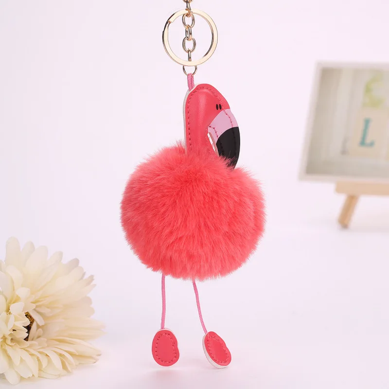 

1pcs Orange Red Flamingo Keyring Pompom Keychain Fluffy Fake Rabbit Fur Ball Car Keyring Pom Pom Women Bag Holder Jewelry