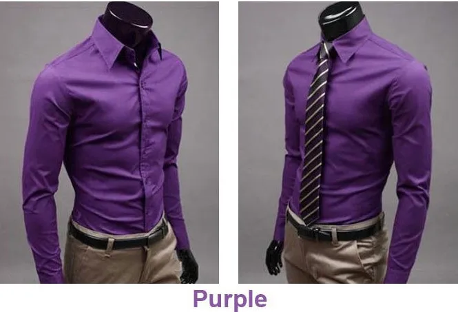 Новая мужская рубашка с отложным воротником уникальная горловина модная однотонная приталенная рубашка с длинными рукавами Мужская рубашка camisa masculina - Цвет: purple