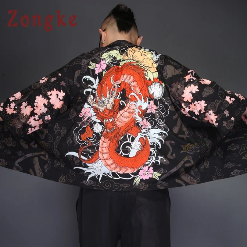 Zongke Дракон кимоно куртка мужская Японская уличная одежда Кардиган Куртка черная