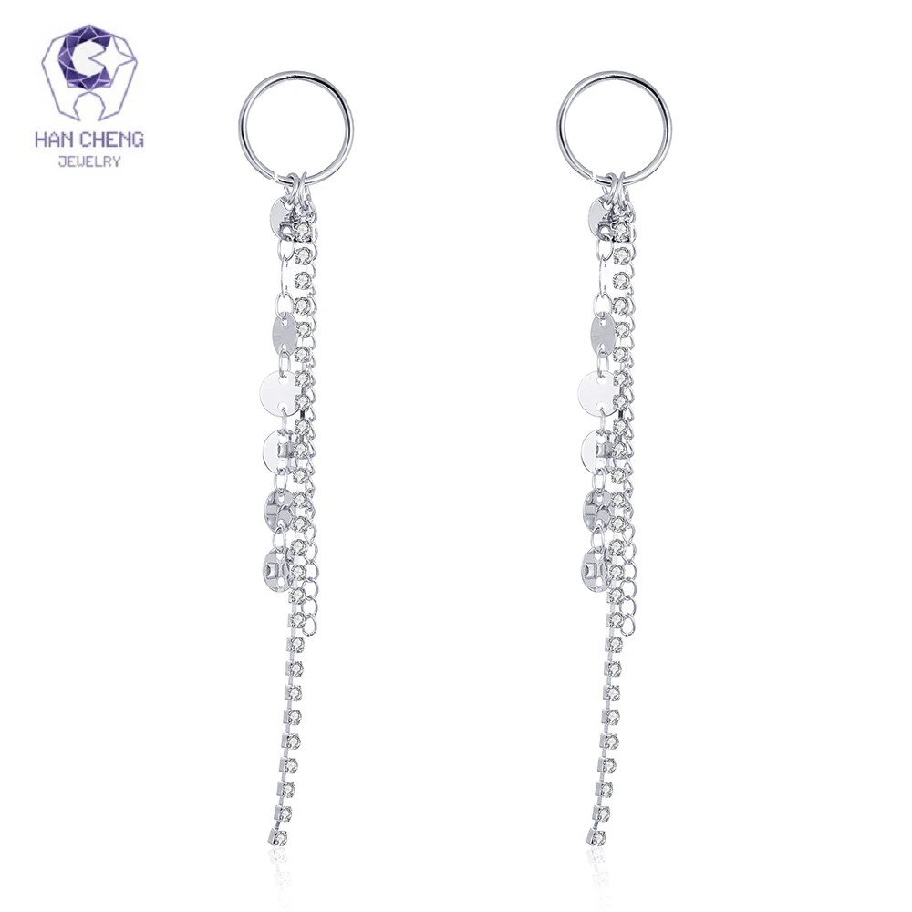 

HanCheng New Fashion Round sequins Dangle Hanging Tassels Silver Long Earrings Rhinestone Drop Earrings For Women Jewelry bijoux