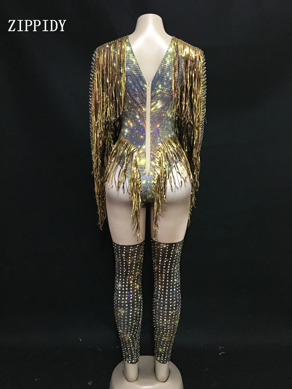 Золотой бахрома Стразы сексуальный боди для женщин джаз танец большой эластичный купальник наряд вечернее шоу цельный сексуальный костюм одежда