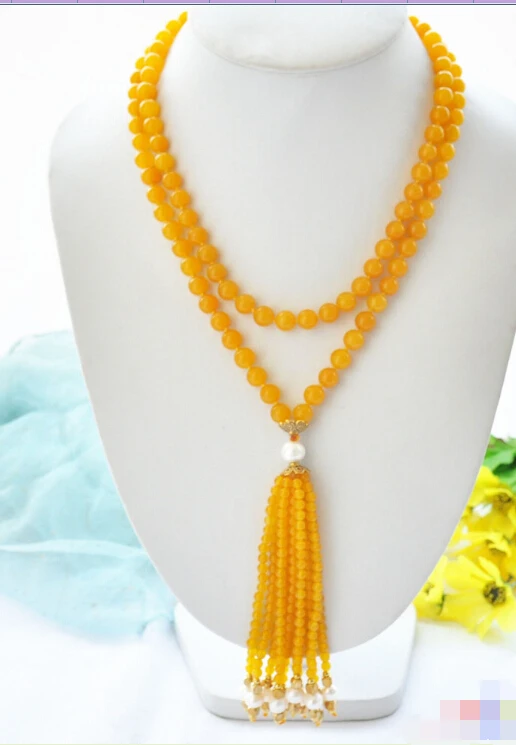 

CBN64 Beautiful 40" 10mm yellow bead white round pearl necklace