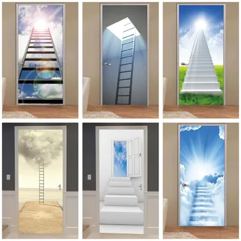 

3D Ladder Stair Sky Cloud Entrance Wall Door Stickers Bedroom Home Decor Poster PVC Waterproof Door Sticker 77x200cm