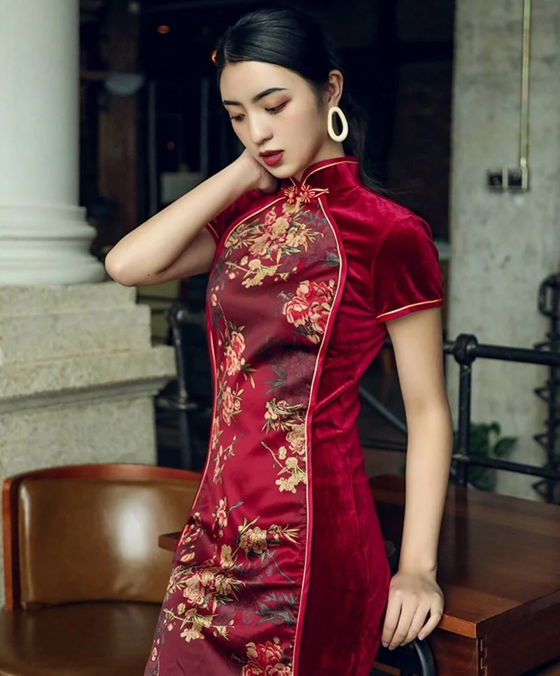 Китайское стильное платье Cheongsam Qipao бархатное лоскутное платье с разрезом миди элегантные китайские платья вино сексуальное восточное платье FF1751