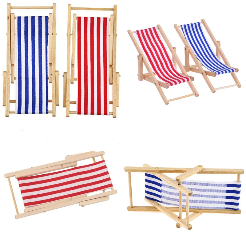 1:12 Scale Foldable Wooden Deckchair Lounge Beach Chair For Lovely Miniature For Small Dolls House Color In Green Pink Blue
