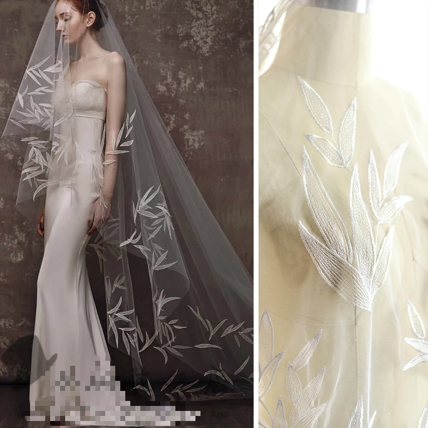 

135cm Wide Exquisite Bamboo Leaf Embroidery Lace Mesh Fabric Church Wedding Dress Veil Diy Handmade Clothing Decoration Material