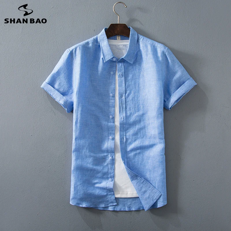 SHANBAO بلون قميص 2019 الصيف جديد جودة عالية رقيقة تنفس القطن و الكتان الرجال عارضة فضفاض قصيرة أكمام قميص