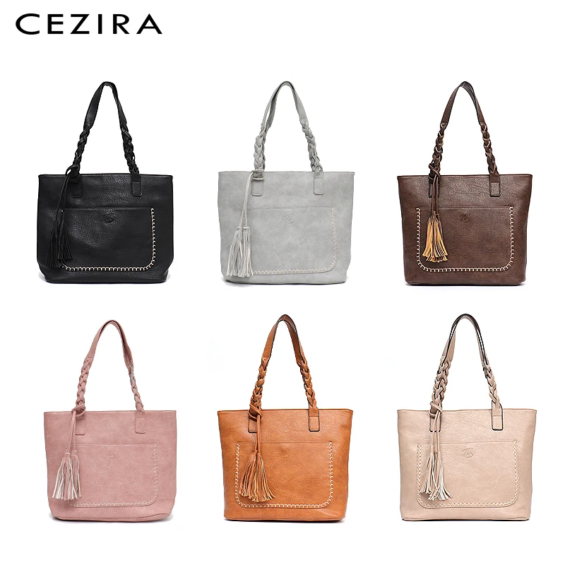 Kopen Cezira Hot Koop Vrouwen Vegan Lederen Schoudertassen Dames Mode Kwastje Tote Voorvak Dagelijks Handtassen Vrouwelijke Grote Bolsa Sac