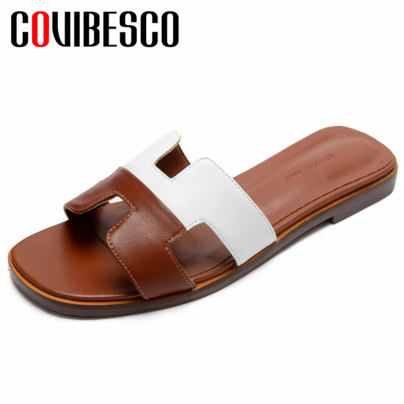 

COVIBESCO 2019 New Brand Design Round Toe Shallow Slip on Women Sandals Mixed Colors Genuine Leather Women Basic Summer Slippers
