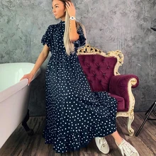 Для женщин Винтаж в горошек с оборками вечерние платье с рукавом-бабочкой с круглым вырезом трапециевидной формы Повседневное длинное платье новые летние модные платья