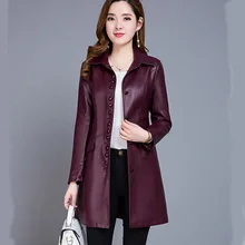 5XL размера плюс кожаное женское длинное кожаное пальто Весенняя модная однобортная тонкая ветровка из искусственной кожи с отворотом
