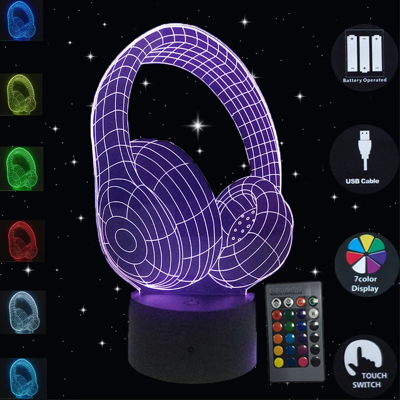 

3D Illusion Led Lamp Best Gift 3D DJ Headphone Studio Music Monitor Headset 7 Color LED Night Light Touch Sleeping Nightlight