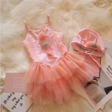 Ins/купальные костюмы-пачки для маленьких девочек, детская банная одежда, платье для танцев для девочек, Цельный купальник+ шапочка