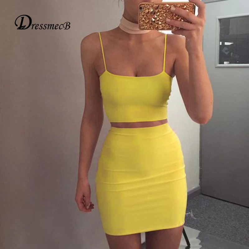 

DRESSMECB New Sexy Yellow Dress Women Slash Neck Bodycon Dress Nightclub Spaghetti Strap Solid Stitching Slim Party Dresses