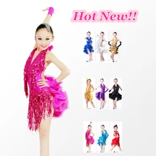 Горячее предложение Сияющий Ленточки спинки Костюмы для латиноамериканских танцев платье для Обувь для девочек производительность/Конкурс костюма, профессиональный этап танцевальная одежда, 7 цветов