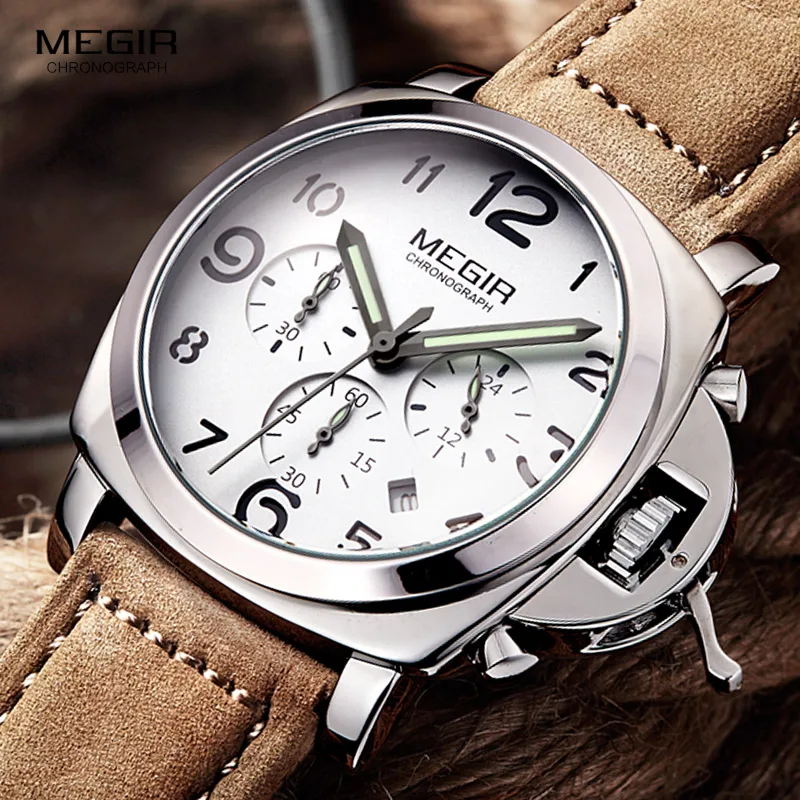  Megir Men's Chronograph Luminous Quartz Watches with Calendar Date Round Analog Military Leather St