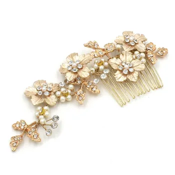 Gorgeous Golden Flower Leaf Rhinestones Pearls Wedding Hair Comb Bridal Headpieces 3