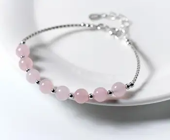 

(length,15cm-17.5cm)100% Real. 925 Sterling Silver Fine Jewelry natural Rose Quartz Stone Bangle Cuff Bracelet GTLS495
