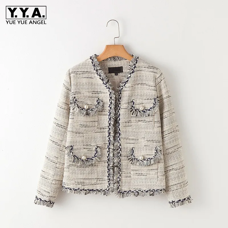 

Designer Runway Beige Tassel Tweed Jacket Women Spring Autumn Chic Slim Long Sleeve O-Neck Pearls Pocket Coat Chaqueta Mujer