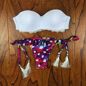 

Sexy Bikinis 2018 mujer Vintage Bandeau Crochet Swimsuit Tassel Swimwear Women Push Up Brazilian biquini maillot de bain femme