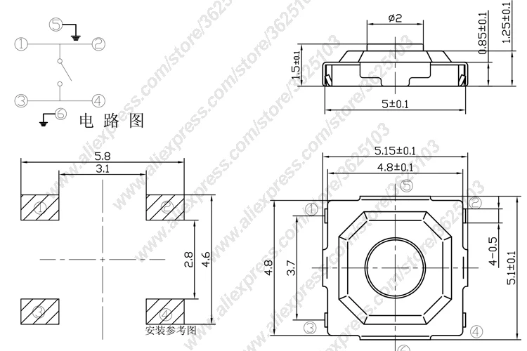 50 шт./лот SMD 4*4*1,5 мм(5,2*5,2*1,5 мм) тактильная тактовая кнопка микропереключатель мгновенная кнопка Медная головка/резиновая головка и т. Д