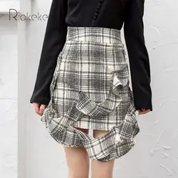 Riokeke плед нерегулярные трапециевидной формы Для женщин юбка Bodycon плиссированная юбка Высокая Талия 2018 Осень Новая мода мини женская юбка