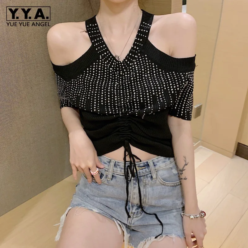 New Slim Fit Diamonds V-Neck Short Sleeve Fashion T-Shirt Womens Summer Sexy Open Shoulder Black Crop Tops Remeras Mujer | Женская