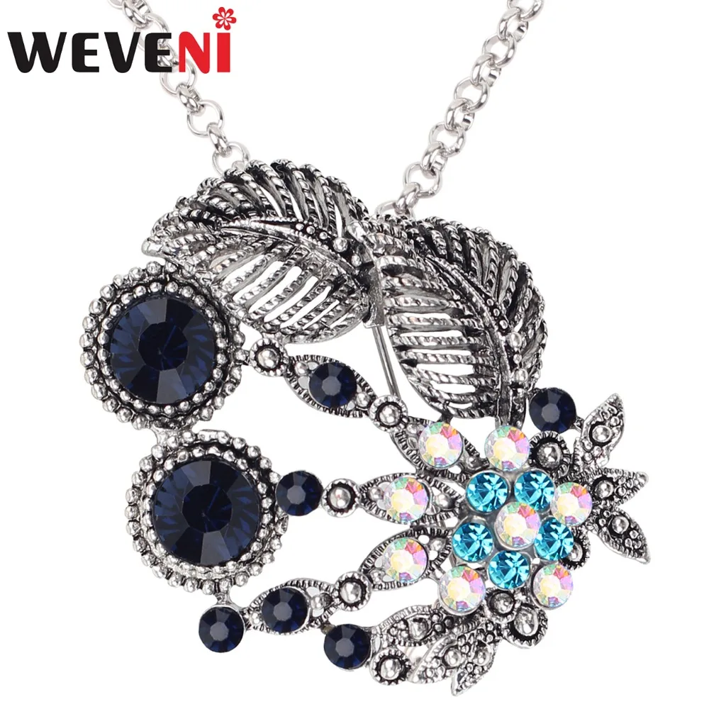 WEVENI Alloy Rhinestone Flower Leaf Necklace Pendant Choker Novelty