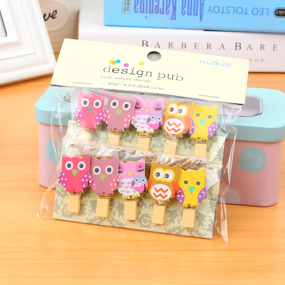 10 pcs/lot Kawaii Owl Wooden Clip Photo Paper Craft Diy Clips With Hemp Rope diy free shipping