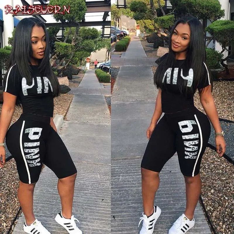 

Hot Letter Print 2 Piece Set Women Summer Two Piece Tracksuit Short Sleeve Top and Knee Length Shorts Casual Outfit