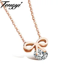 TENGYI Fashion Bowknot Rose Gold Plated Stainless Steel Crystal Rhinestone Pendant Necklace Best Gift For Women Lady HD1084